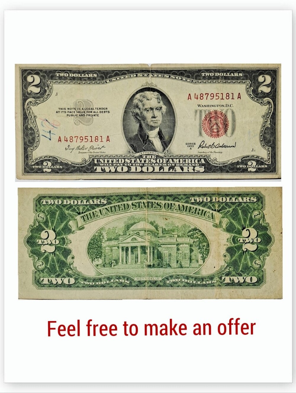 1953 $2 DOLLAR BILL RED SEAL